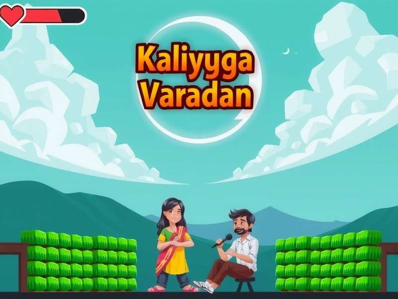 Artistic depiction of the Kaliyuga Varadan Song featuring Raji character and musical motifs