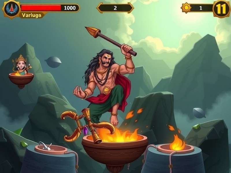 Raji Kaliyuga game art depicting the Kaliyuga Varadan character in a mythological setting