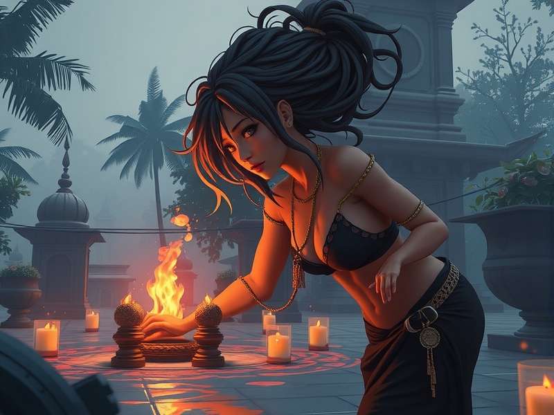 Artistic depiction of Raji, the protagonist, standing against a demonic horde in a mythical Indian setting