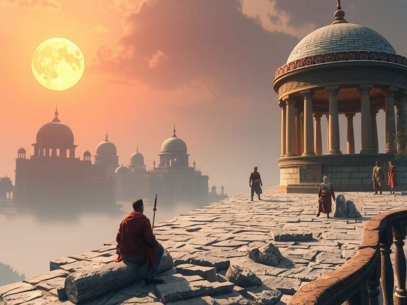 Artistic depiction of the Kaliyuga timeline with a cosmic clock overlay, showing Raji and demons