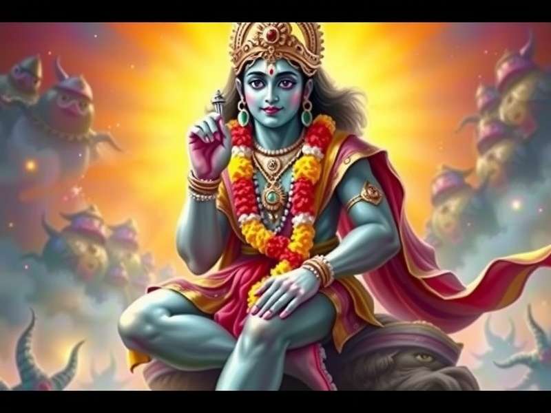 Artistic depiction of Lord Krishna with cosmic background
