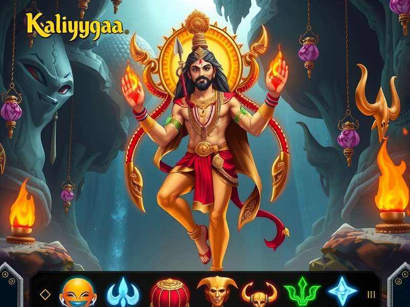 Raji Kaliyuga divine avatar standing with divine weapons against dark background