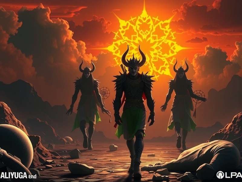 Concept art from Raji Kaliyuga depicting the apocalyptic climax of the Kali Yuga, with divine and demonic forces clashing.
