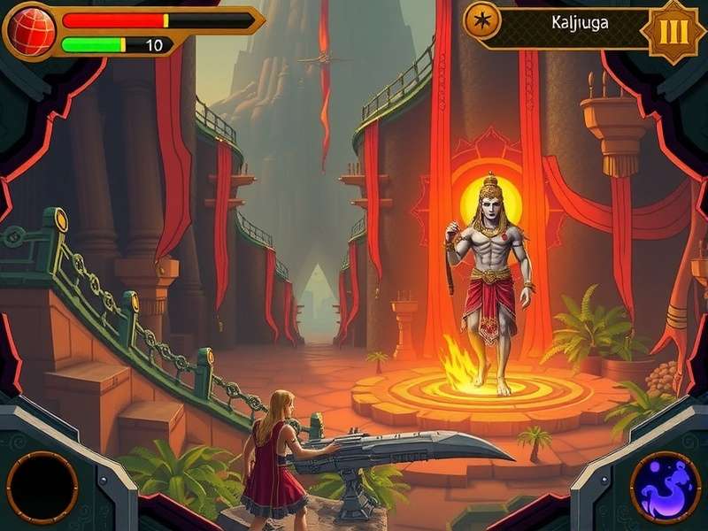 Concept art of the Kaliyuga Avatara from Raji Kaliyuga game, depicting a divine warrior in a dark age