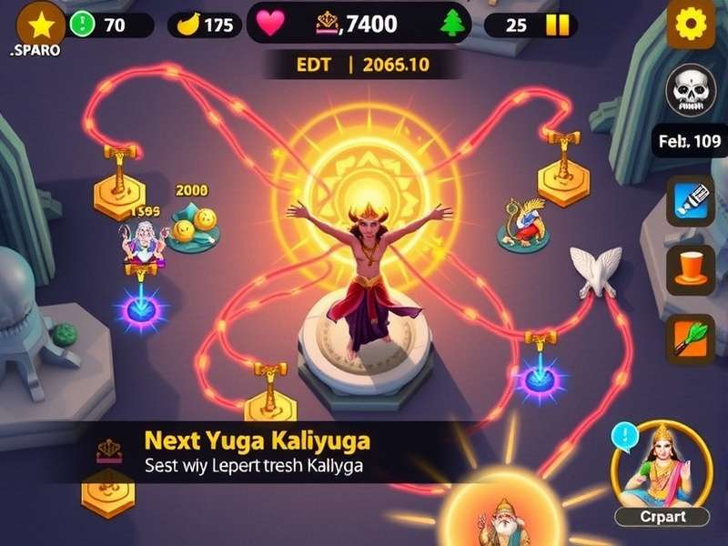 Artistic depiction of Satya Yuga dawn in Raji Kaliyuga game showing golden light over ancient temples