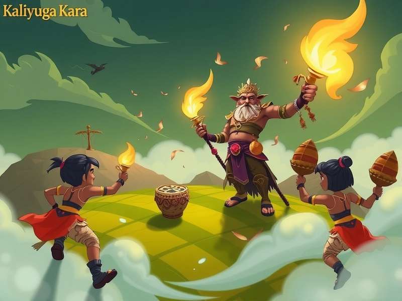 Kaliyuga Karna character art from Raji Kaliyuga game, standing with divine weapons in a dark mythological landscape.