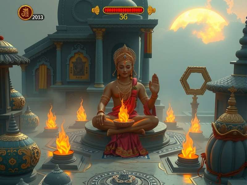 Raji Kaliyuga game scene depicting the protagonist Raji in a mystical Indian temple environment