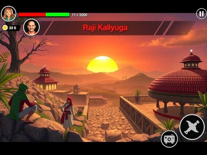Raji Kaliyuga gameplay banner showing the protagonist Raji in an ancient Indian temple environment with divine lighting