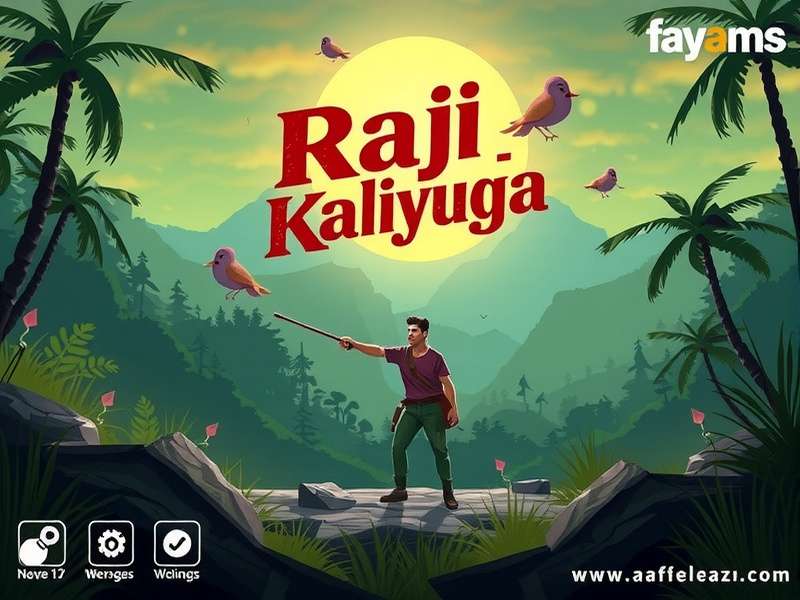 Raji Kaliyuga official key art depicting the protagonist standing against a dark cosmic backdrop with divine motifs
